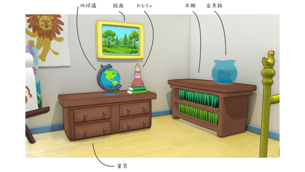 おさるのジョージマンション間取り「ジョージの部屋」
本棚と箪笥

